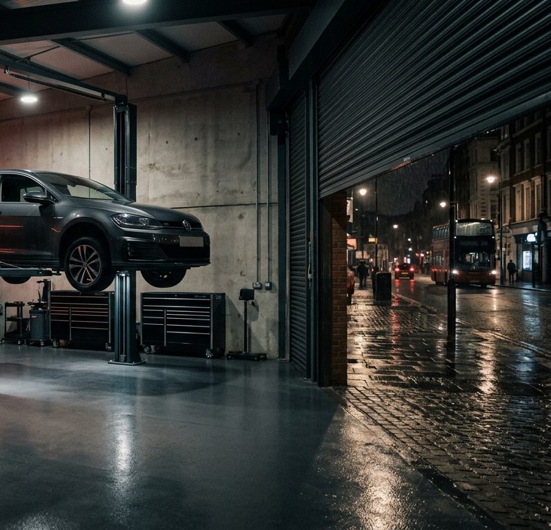 Garage with the shutter open onto the street at night