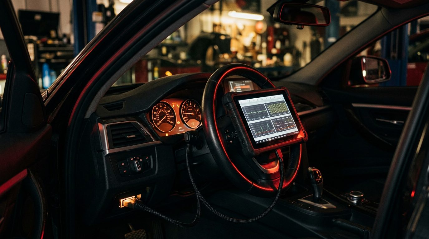 Dashboard with a warning light and a diagnostic tablet