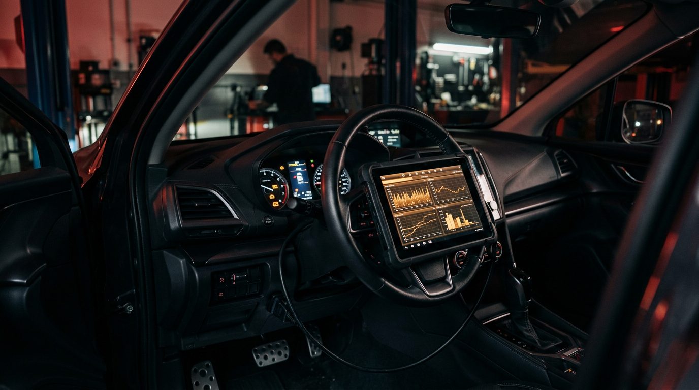 Diagnostic tablet connected inside a car
